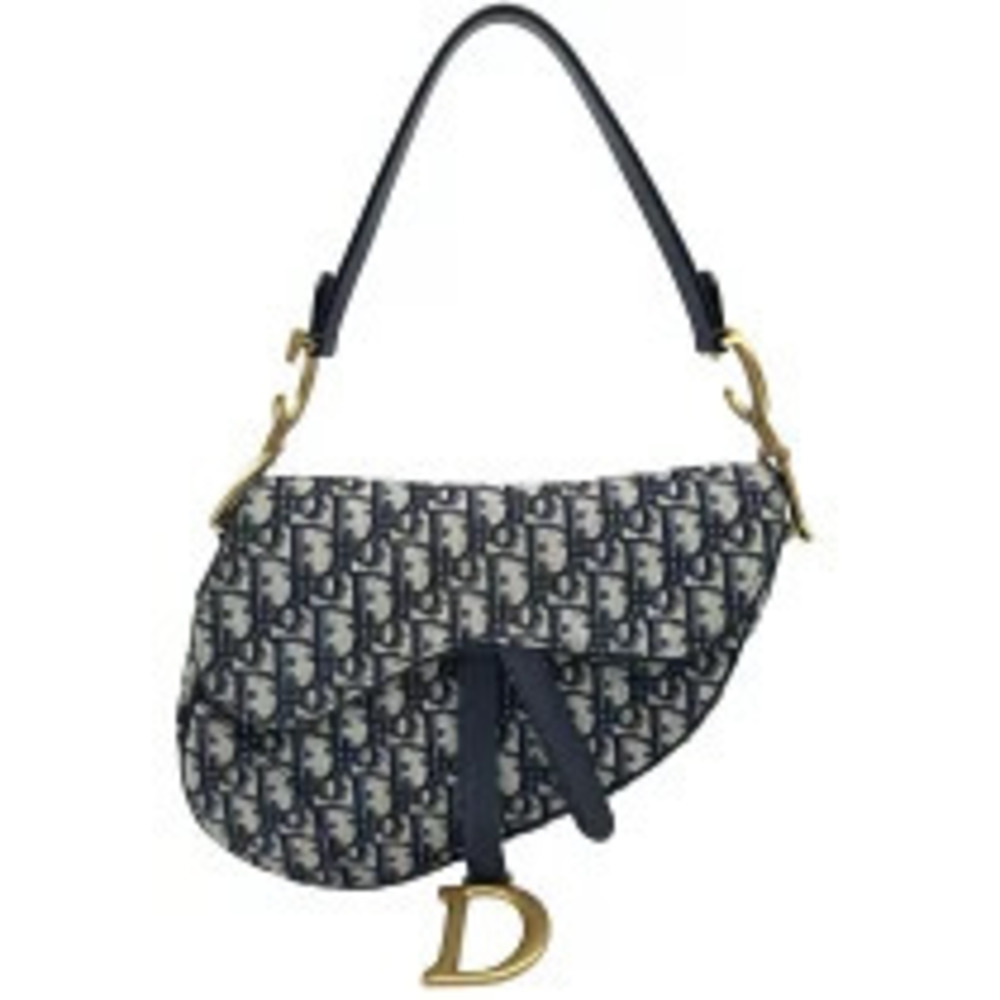 Christian Dior Oblique Saddle Bag Navy Blue Canvas Handbag